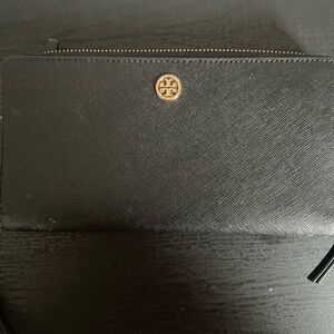 Tory Burch Black Saffiano Wristlet with Gold Emblem